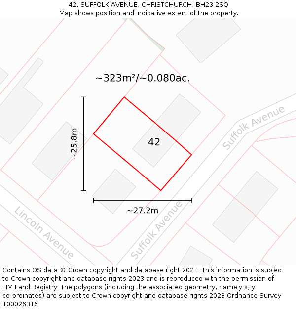 42, SUFFOLK AVENUE, CHRISTCHURCH, BH23 2SQ: Plot and title map