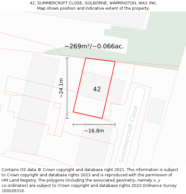 42, SUMMERCROFT CLOSE, GOLBORNE, WARRINGTON, WA3 3WL: Plot and title map