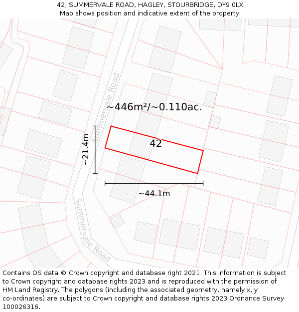 42, SUMMERVALE ROAD, HAGLEY, STOURBRIDGE, DY9 0LX: Plot and title map