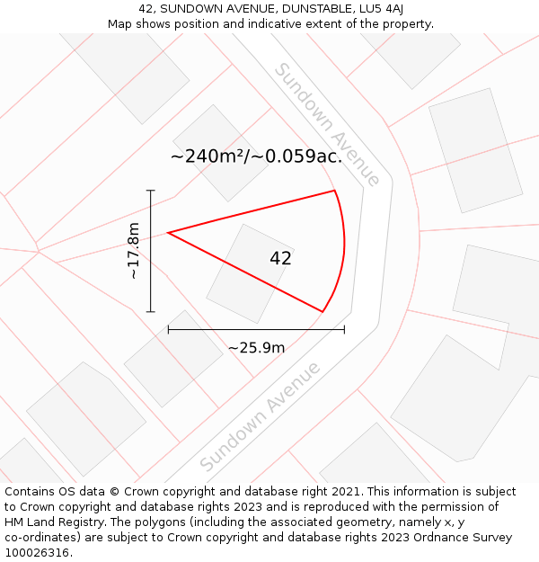42, SUNDOWN AVENUE, DUNSTABLE, LU5 4AJ: Plot and title map