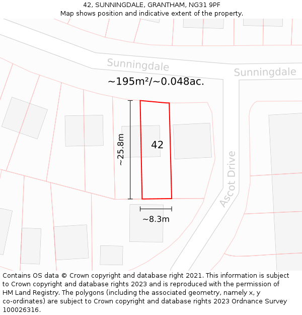 42, SUNNINGDALE, GRANTHAM, NG31 9PF: Plot and title map