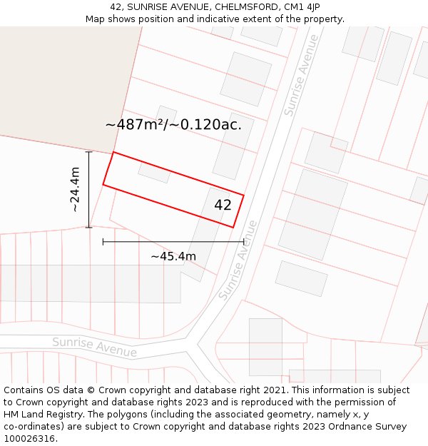 42, SUNRISE AVENUE, CHELMSFORD, CM1 4JP: Plot and title map