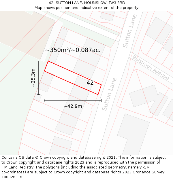 42, SUTTON LANE, HOUNSLOW, TW3 3BD: Plot and title map