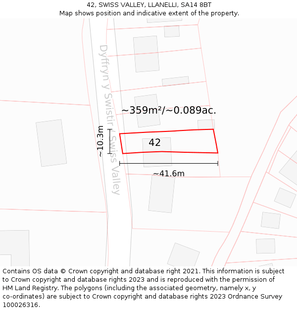 42, SWISS VALLEY, LLANELLI, SA14 8BT: Plot and title map