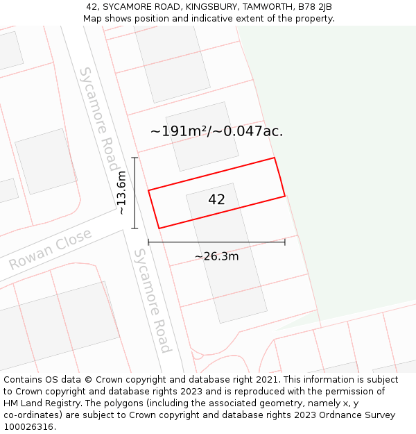 42, SYCAMORE ROAD, KINGSBURY, TAMWORTH, B78 2JB: Plot and title map