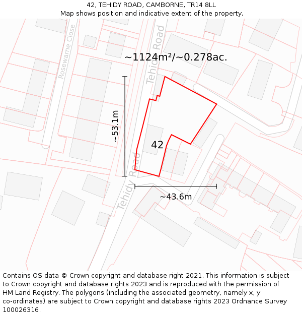 42, TEHIDY ROAD, CAMBORNE, TR14 8LL: Plot and title map