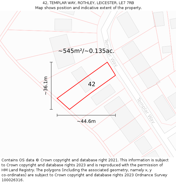 42, TEMPLAR WAY, ROTHLEY, LEICESTER, LE7 7RB: Plot and title map