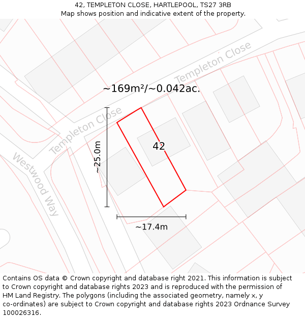 42, TEMPLETON CLOSE, HARTLEPOOL, TS27 3RB: Plot and title map