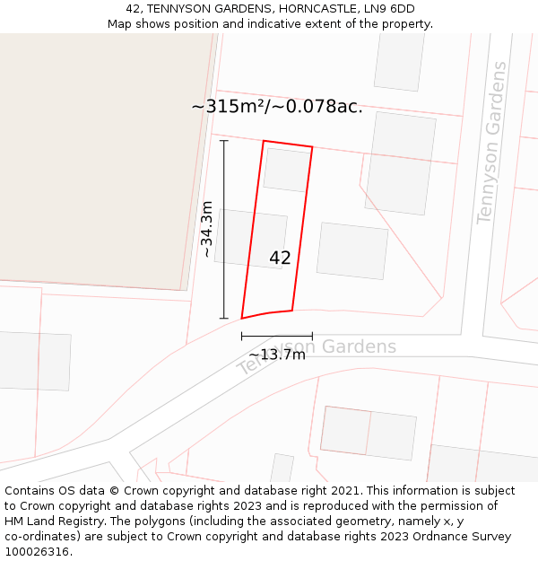 42, TENNYSON GARDENS, HORNCASTLE, LN9 6DD: Plot and title map