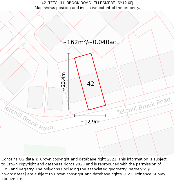 42, TETCHILL BROOK ROAD, ELLESMERE, SY12 0FJ: Plot and title map
