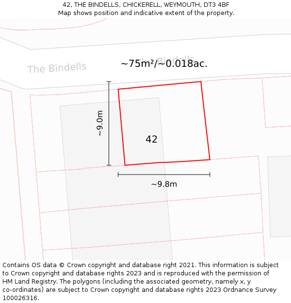 42, THE BINDELLS, CHICKERELL, WEYMOUTH, DT3 4BF: Plot and title map