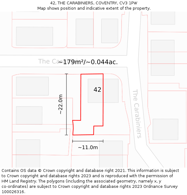 42, THE CARABINIERS, COVENTRY, CV3 1PW: Plot and title map