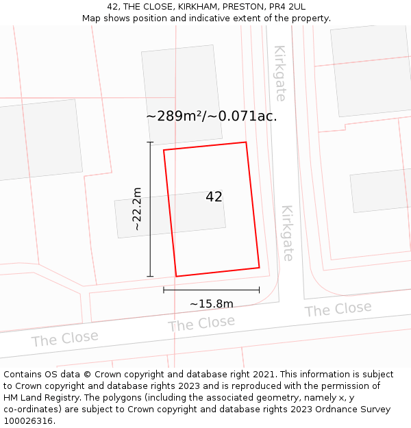 42, THE CLOSE, KIRKHAM, PRESTON, PR4 2UL: Plot and title map