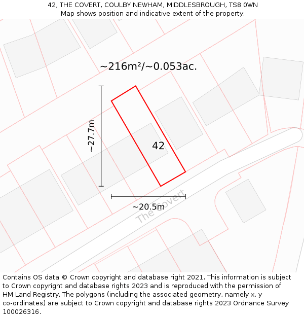 42, THE COVERT, COULBY NEWHAM, MIDDLESBROUGH, TS8 0WN: Plot and title map