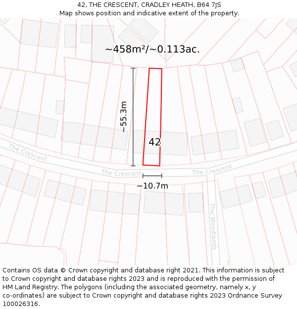 42, THE CRESCENT, CRADLEY HEATH, B64 7JS: Plot and title map