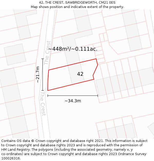 42, THE CREST, SAWBRIDGEWORTH, CM21 0ES: Plot and title map