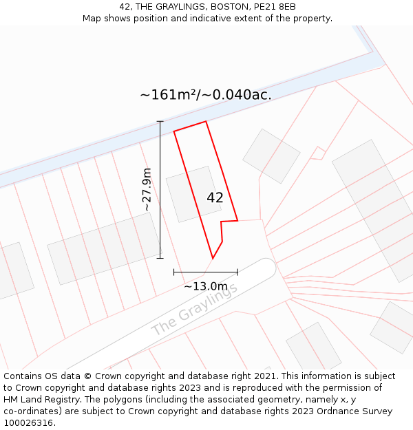 42, THE GRAYLINGS, BOSTON, PE21 8EB: Plot and title map