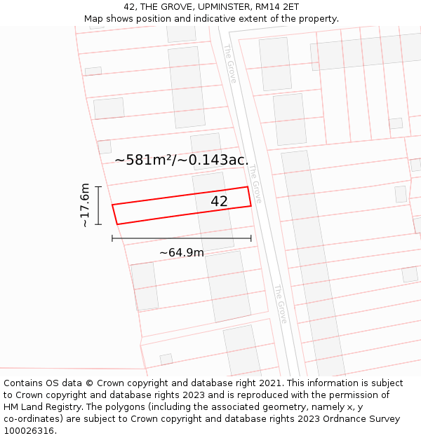 42, THE GROVE, UPMINSTER, RM14 2ET: Plot and title map