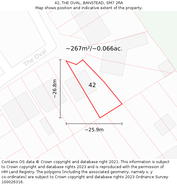 42, THE OVAL, BANSTEAD, SM7 2RA: Plot and title map