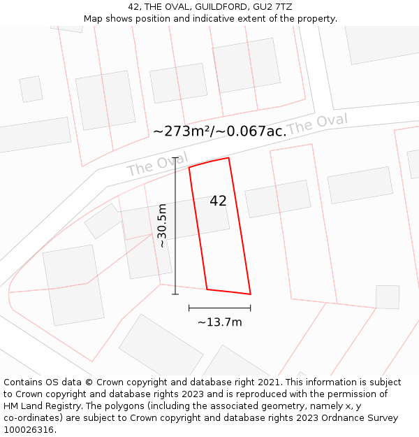 42, THE OVAL, GUILDFORD, GU2 7TZ: Plot and title map