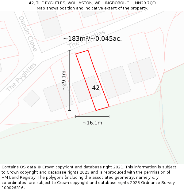 42, THE PYGHTLES, WOLLASTON, WELLINGBOROUGH, NN29 7QD: Plot and title map