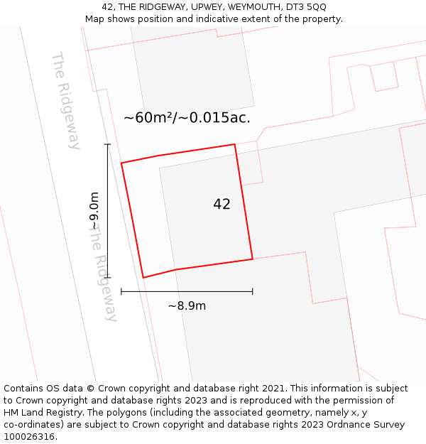 42, THE RIDGEWAY, UPWEY, WEYMOUTH, DT3 5QQ: Plot and title map