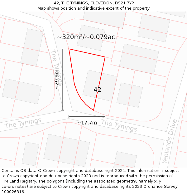 42, THE TYNINGS, CLEVEDON, BS21 7YP: Plot and title map