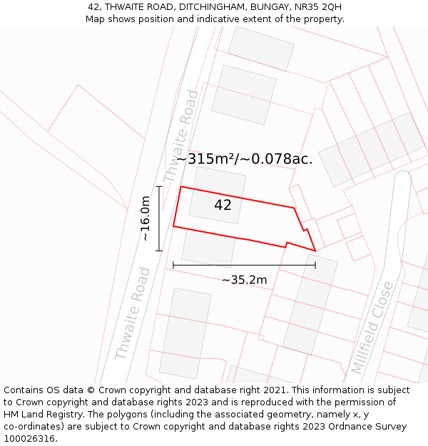42, THWAITE ROAD, DITCHINGHAM, BUNGAY, NR35 2QH: Plot and title map