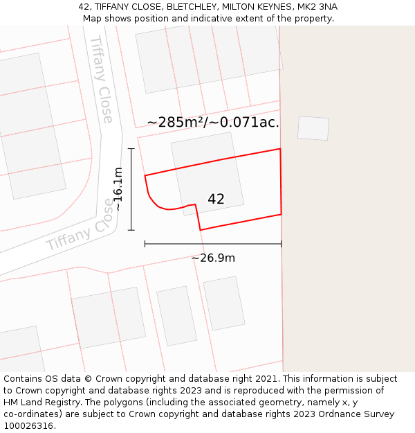 42, TIFFANY CLOSE, BLETCHLEY, MILTON KEYNES, MK2 3NA: Plot and title map