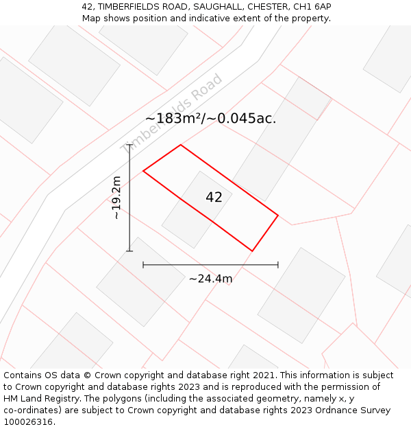 42, TIMBERFIELDS ROAD, SAUGHALL, CHESTER, CH1 6AP: Plot and title map