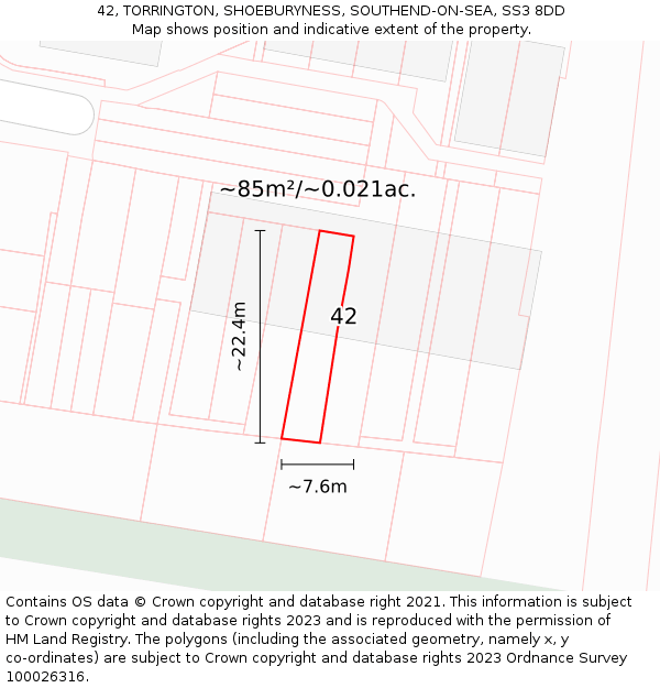 42, TORRINGTON, SHOEBURYNESS, SOUTHEND-ON-SEA, SS3 8DD: Plot and title map