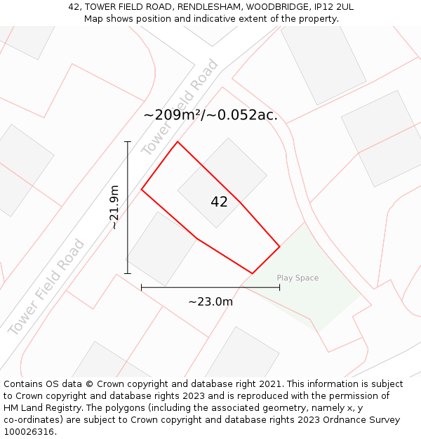 42, TOWER FIELD ROAD, RENDLESHAM, WOODBRIDGE, IP12 2UL: Plot and title map