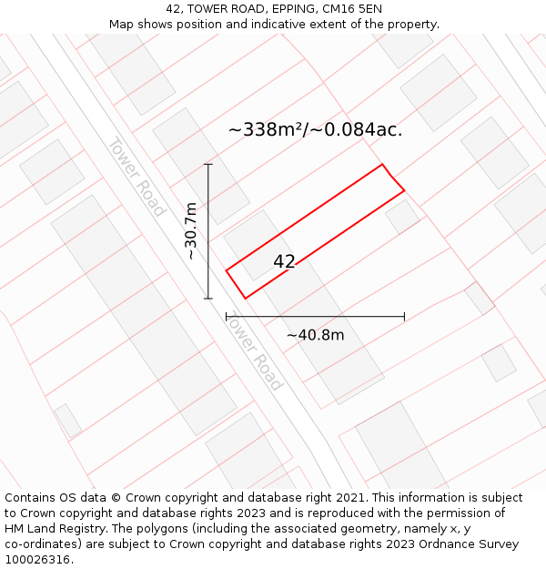 42, TOWER ROAD, EPPING, CM16 5EN: Plot and title map