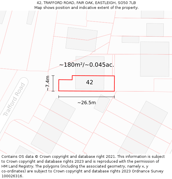 42, TRAFFORD ROAD, FAIR OAK, EASTLEIGH, SO50 7LB: Plot and title map