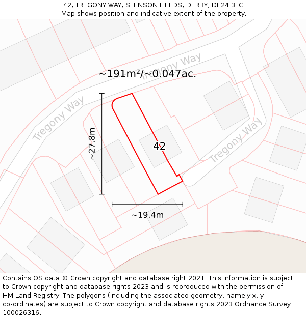 42, TREGONY WAY, STENSON FIELDS, DERBY, DE24 3LG: Plot and title map