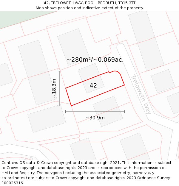 42, TRELOWETH WAY, POOL, REDRUTH, TR15 3TT: Plot and title map