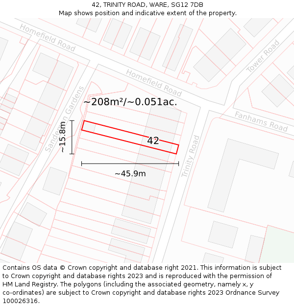 42, TRINITY ROAD, WARE, SG12 7DB: Plot and title map