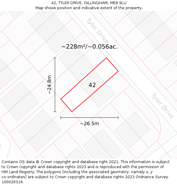 42, TYLER DRIVE, GILLINGHAM, ME8 9LU: Plot and title map