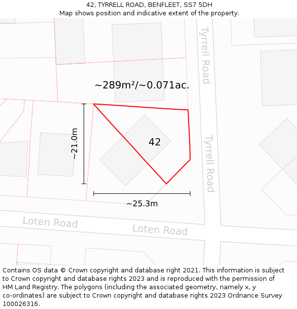 42, TYRRELL ROAD, BENFLEET, SS7 5DH: Plot and title map