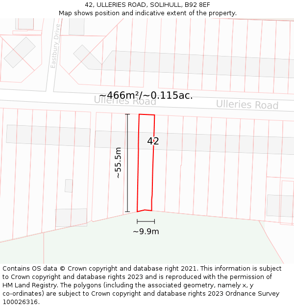 42, ULLERIES ROAD, SOLIHULL, B92 8EF: Plot and title map