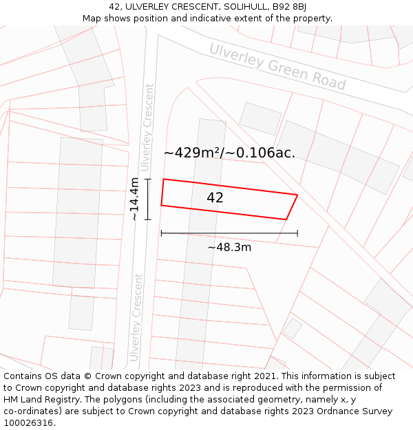 42, ULVERLEY CRESCENT, SOLIHULL, B92 8BJ: Plot and title map