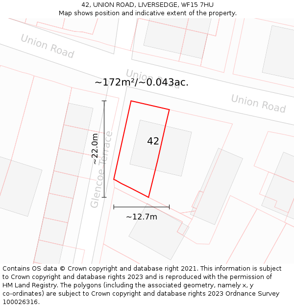 42, UNION ROAD, LIVERSEDGE, WF15 7HU: Plot and title map