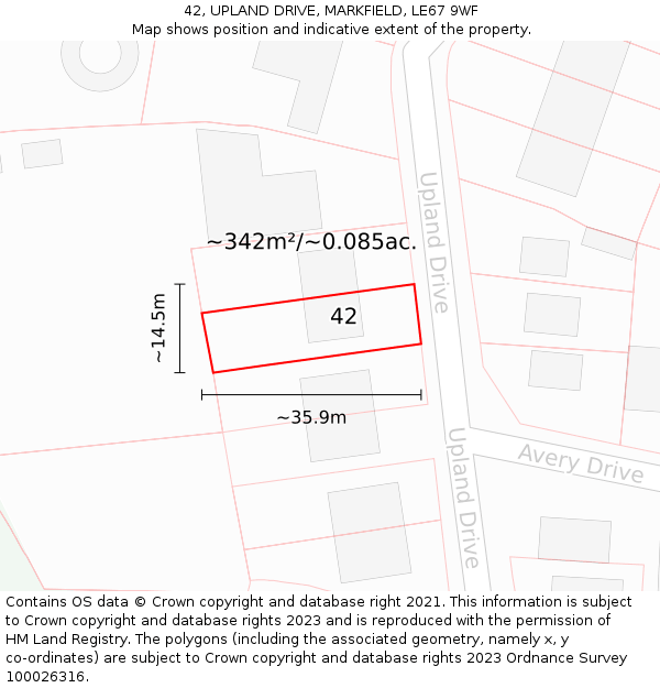 42, UPLAND DRIVE, MARKFIELD, LE67 9WF: Plot and title map