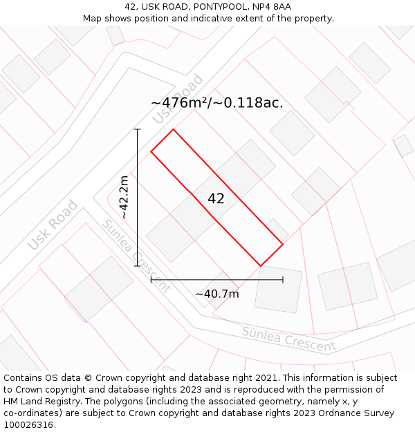 42, USK ROAD, PONTYPOOL, NP4 8AA: Plot and title map