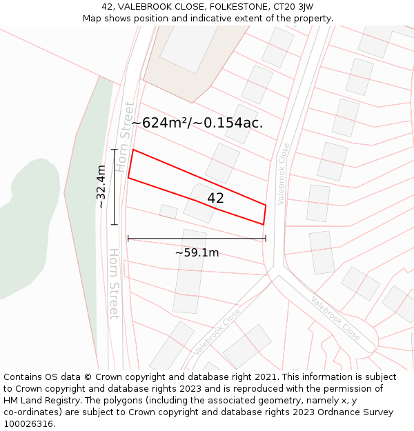 42, VALEBROOK CLOSE, FOLKESTONE, CT20 3JW: Plot and title map