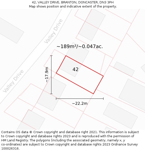42, VALLEY DRIVE, BRANTON, DONCASTER, DN3 3PH: Plot and title map