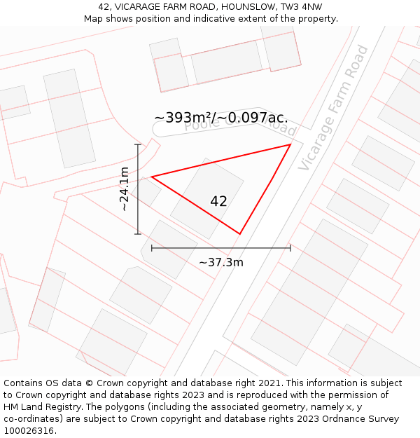 42, VICARAGE FARM ROAD, HOUNSLOW, TW3 4NW: Plot and title map