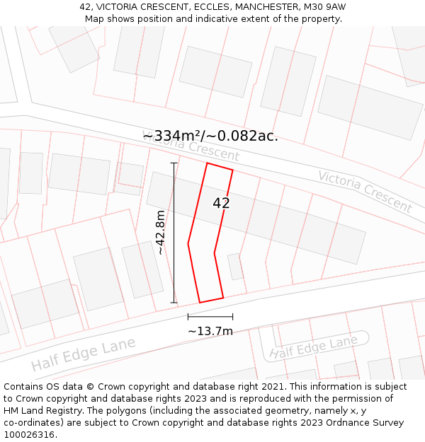 42, VICTORIA CRESCENT, ECCLES, MANCHESTER, M30 9AW: Plot and title map