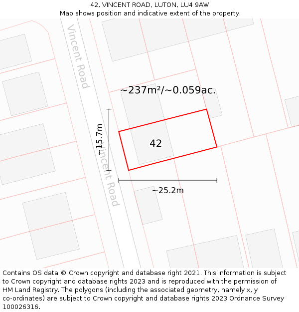 42, VINCENT ROAD, LUTON, LU4 9AW: Plot and title map