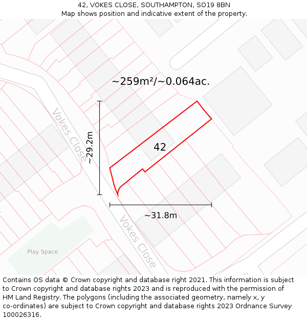 42, VOKES CLOSE, SOUTHAMPTON, SO19 8BN: Plot and title map